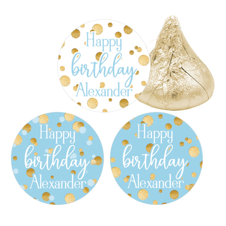 Cumpleaños personalizado: Confeti dorado azul - Las pegatinas de recuerdo se adaptan a Hershey's Kisses - 180 pegatinas