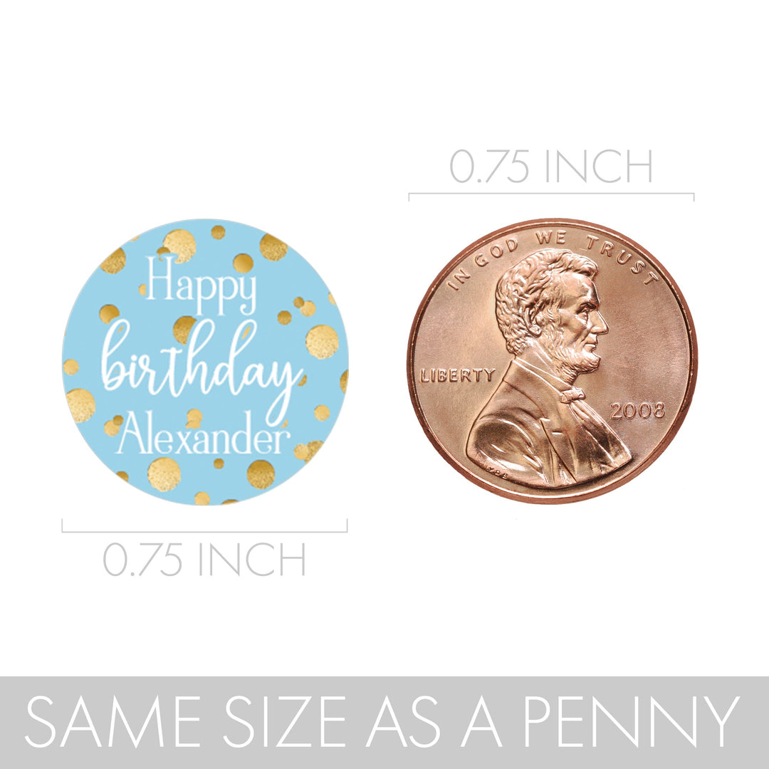 Personalized Birthday: Gold Confetti Blue - Favor Stickers  Fits on Hershey's Kisses - 180 Stickers