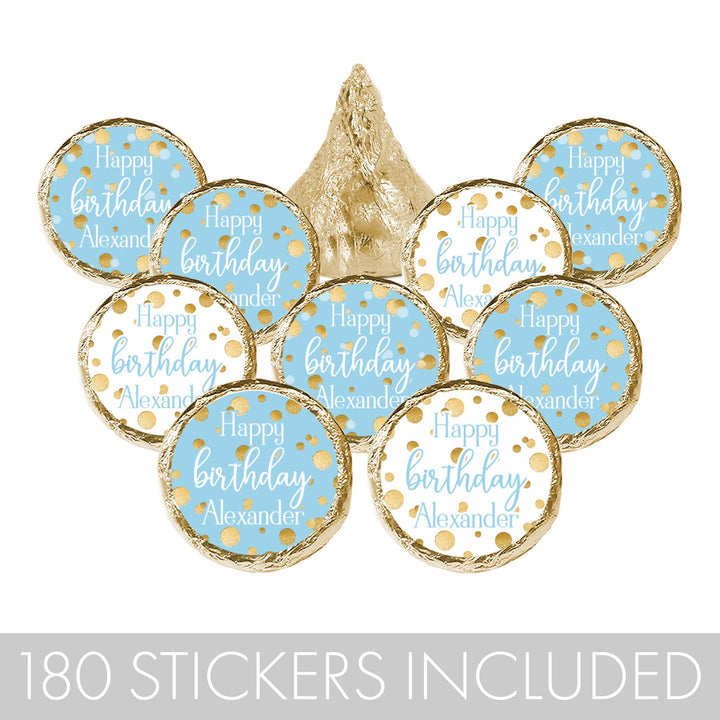 Cumpleaños personalizado: Confeti dorado azul - Las pegatinas de recuerdo se adaptan a Hershey's Kisses - 180 pegatinas