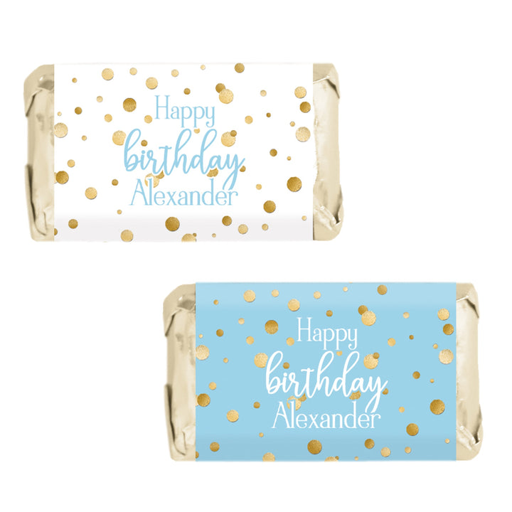 Cumpleaños personalizado: Confeti dorado azul - Pegatinas para envoltorios de barra de caramelos en miniatura de Hershey's - 45 pegatinas