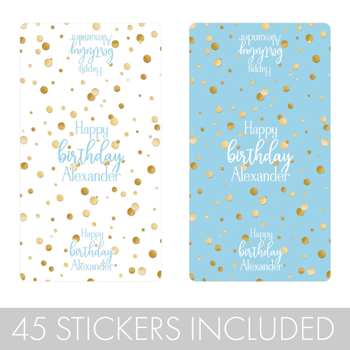 Personalized Birthday: Gold Confetti Blue -  Hershey's Miniatures Candy Bar Wrappers Stickers - 45 Stickers