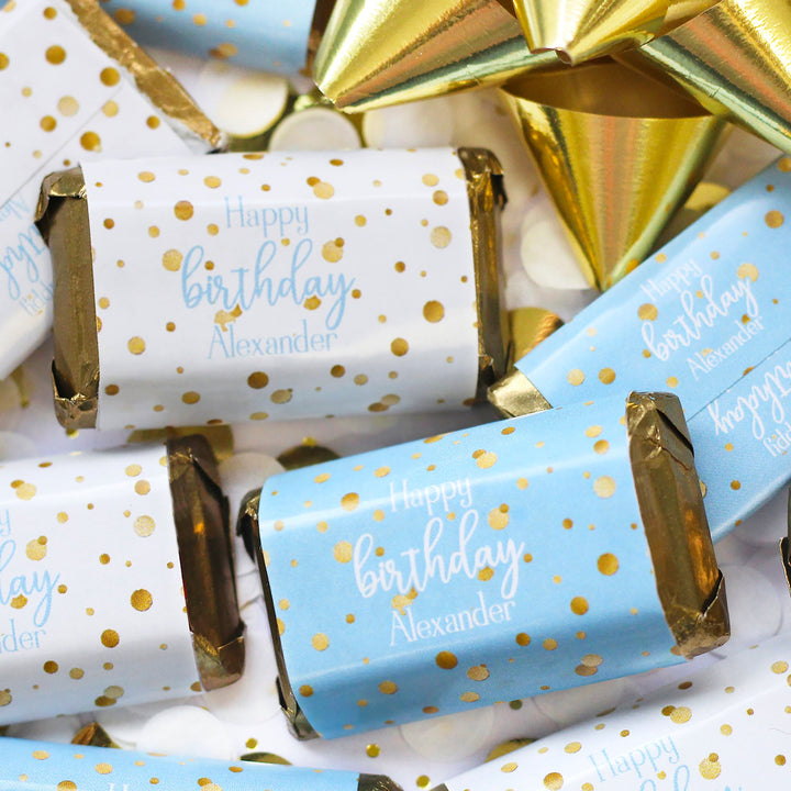Cumpleaños personalizado: Confeti dorado azul - Pegatinas para envoltorios de barra de caramelos en miniatura de Hershey's - 45 pegatinas