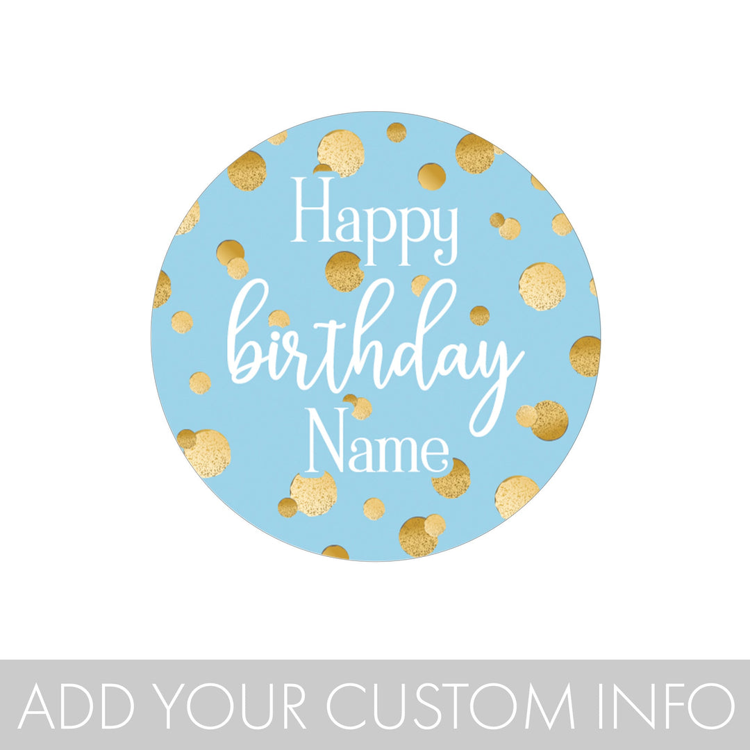 Personalized Birthday: Gold Confetti Blue - Circle Favor Stickers - 40 Stickers