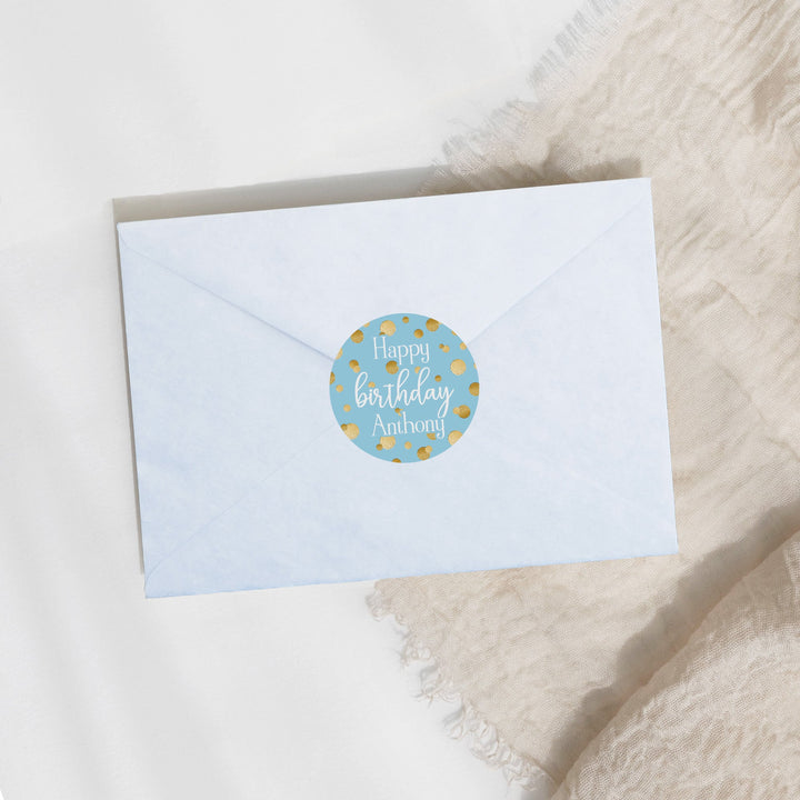 Cumpleaños personalizado: Confeti dorado azul - Pegatinas circulares a favor - 40 pegatinas