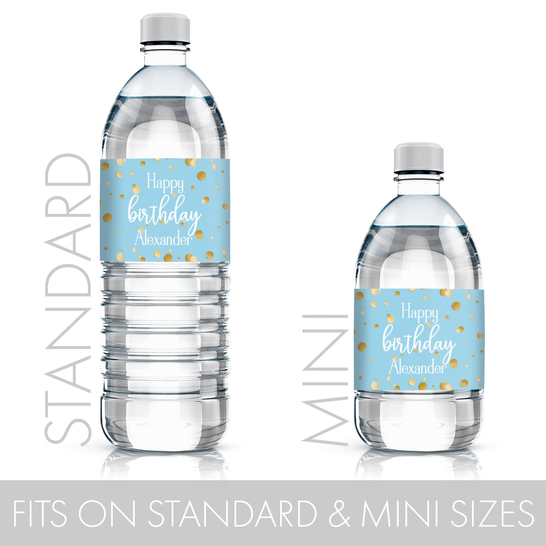 Personalized Birthday: Gold Confetti Blue -  Water Bottle Labels - 24 Waterproof Stickers
