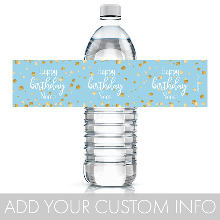 Personalized Birthday: Gold Confetti Blue -  Water Bottle Labels - 24 Waterproof Stickers