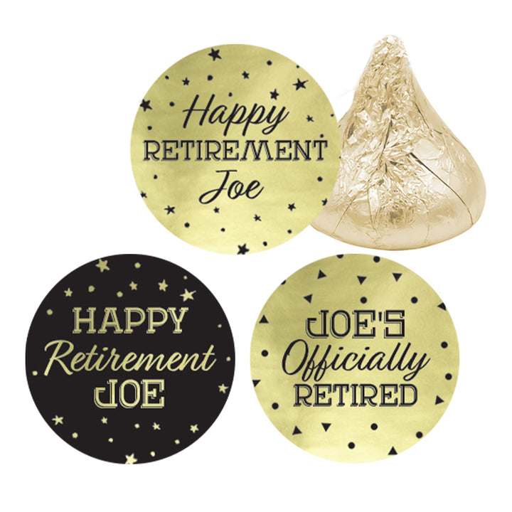 Fiesta de jubilación personalizada: lámina brillante negra y dorada - Pegatinas de recuerdo - Se adapta a Hershey's Kisses - 180 pegatinas