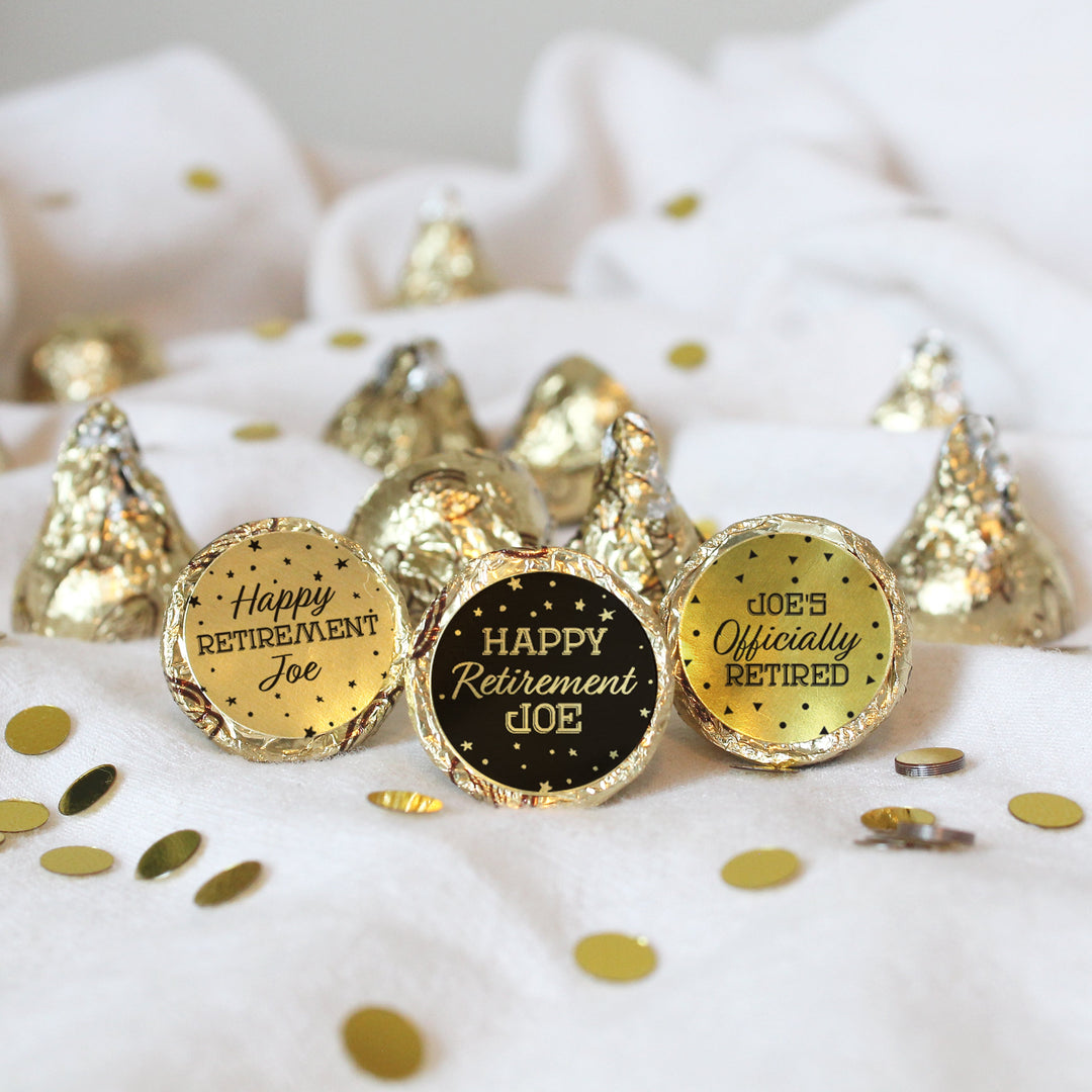 Personalized Retirement Party: Black and Gold Shiny Foil - Favor Stickers - Fits on Hershey's Kisses - 180 Stickers