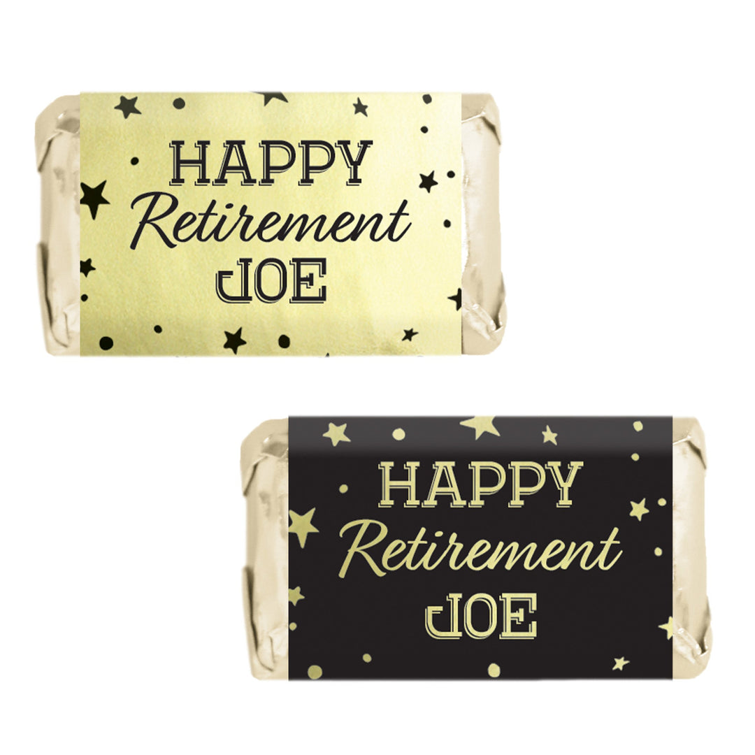 Personalized Retirement Party: Black and Gold Shiny Foil - Mini Candy Bar Wrappers - 45 Stickers