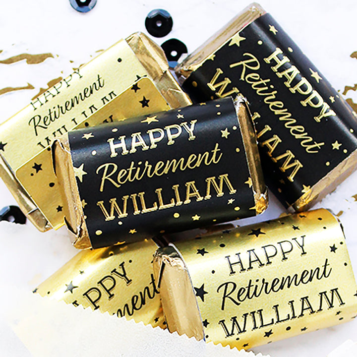 Fiesta de jubilación personalizada: lámina brillante negra y dorada - Mini envoltorios para barra de caramelo - 45 pegatinas