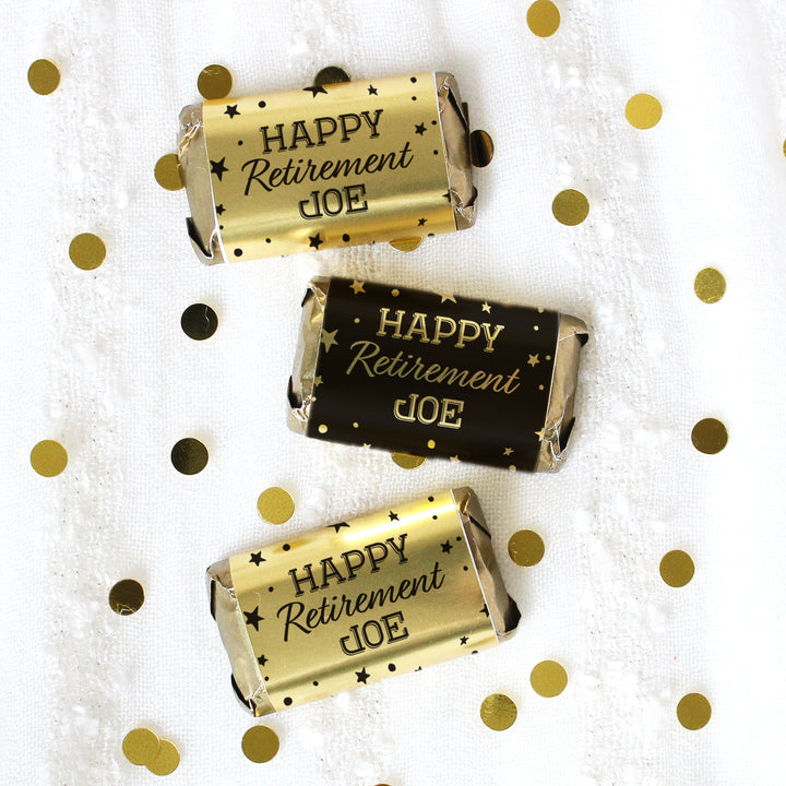 Fiesta de jubilación personalizada: lámina brillante negra y dorada - Mini envoltorios para barra de caramelo - 45 pegatinas