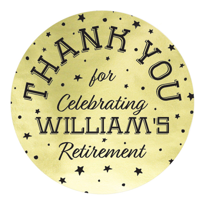 Personalized Retirement Party: Black and Gold Shiny Foil - Thank You Stickers - 40 Stickers