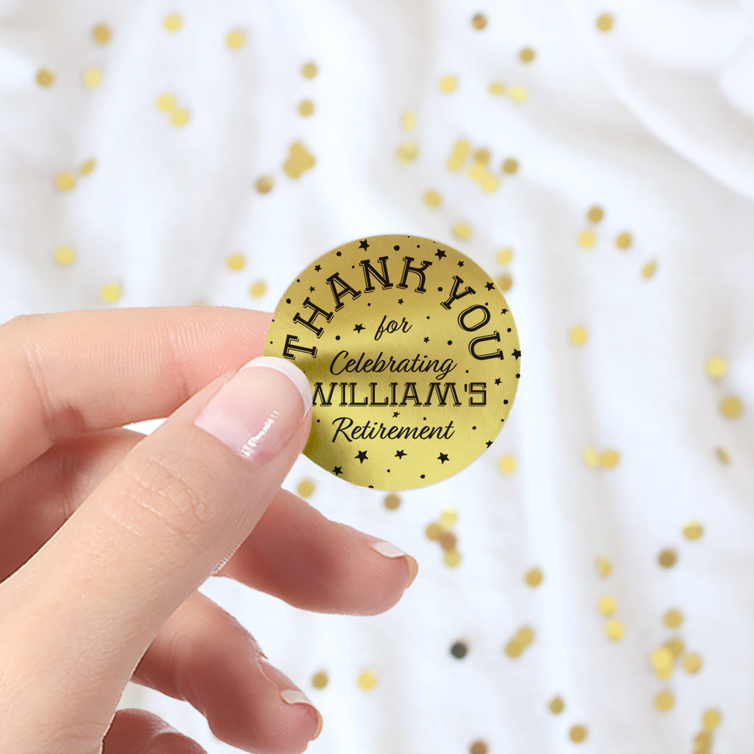 Personalized Retirement Party: Black and Gold Shiny Foil - Thank You Stickers - 40 Stickers