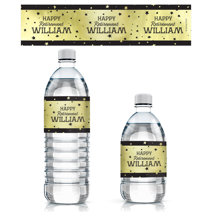 Fiesta de jubilación personalizada: lámina brillante negra y dorada - Etiquetas para botellas de agua - 24 pegatinas