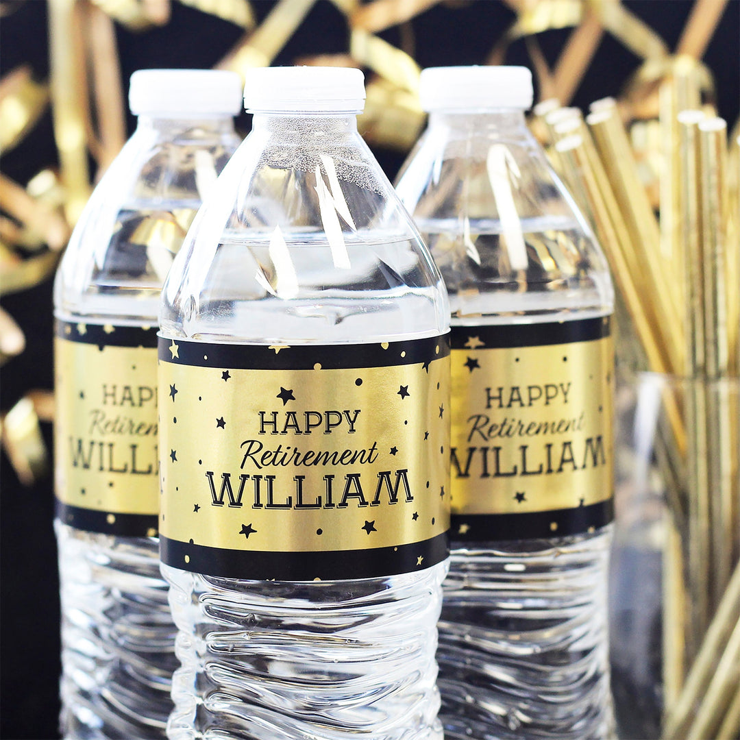 Personalized Retirement Party: Black and Gold Shiny Foil - Water Bottle Labels - 24 Stickers