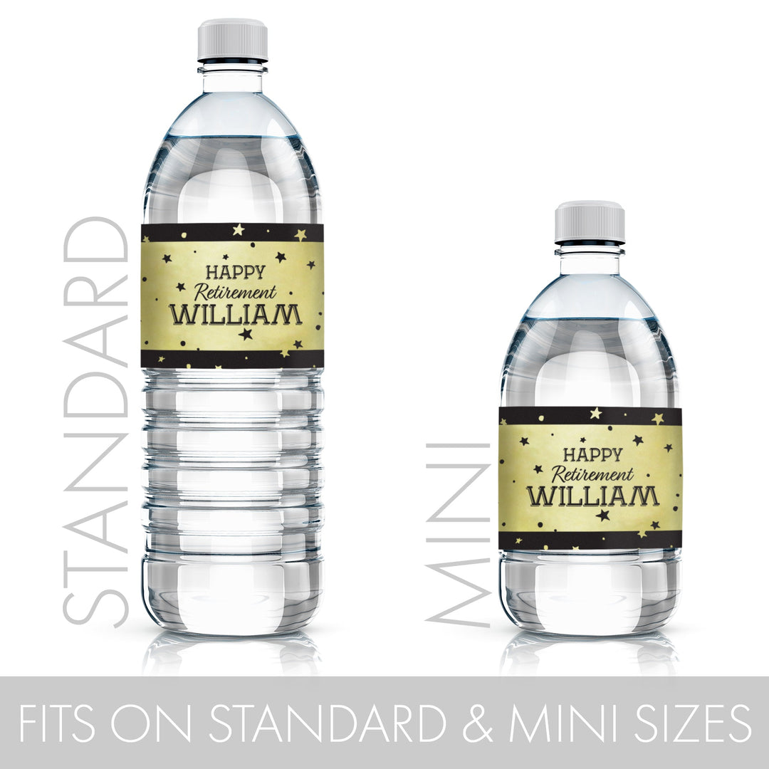 Personalized Retirement Party: Black and Gold Shiny Foil - Water Bottle Labels - 24 Stickers