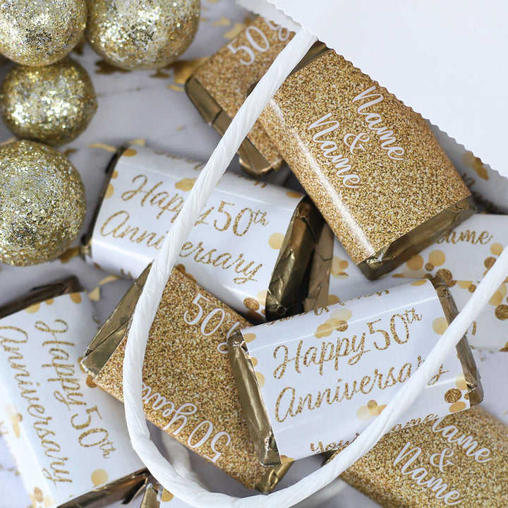 Aniversario de bodas de oro personalizado: Mini etiquetas para barra de dulces: se adapta a las miniaturas de Hershey®, 45 pegatinas