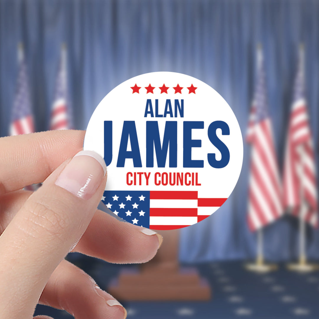 Personalized Political Campaign Vote For Stickers - Customize 1000 Round Circles - Red, White, & Blue Flag