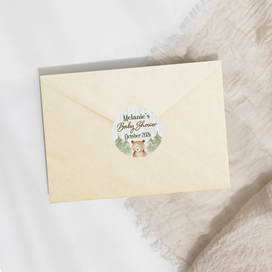 Oso del bosque personalizado: Etiquetas para regalos de baby shower - 40 pegatinas