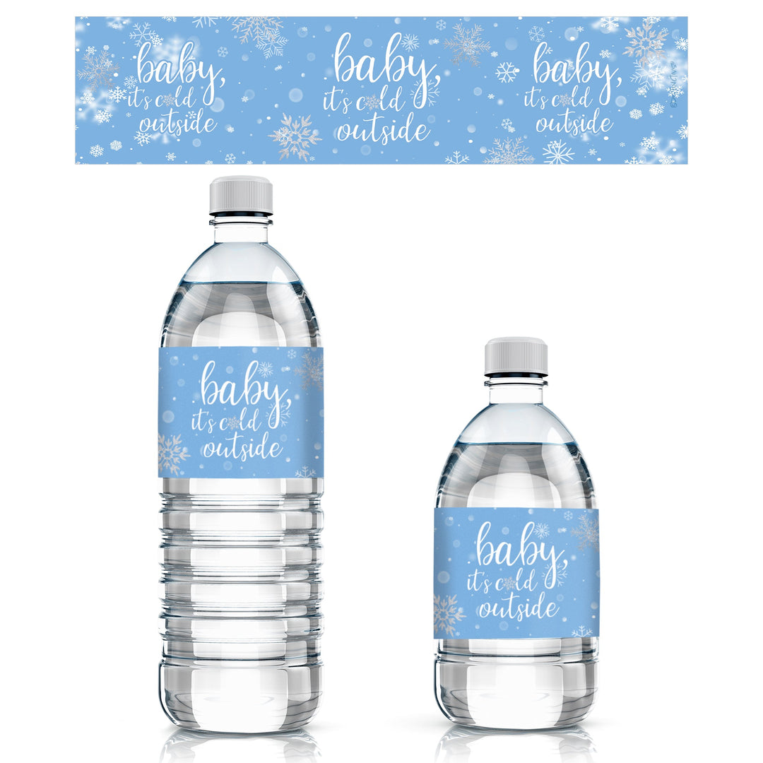 Pequeño Copo de Nieve: Azul - Etiquetas para botellas de agua de Baby Shower de invierno - Bebé hace frío afuera - Niño - Bebé hace frío afuera - 24 pegatinas impermeables