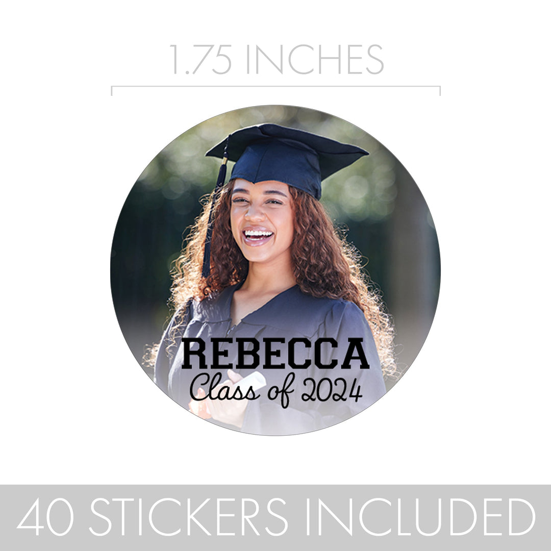 Personalized Graduation Photo Name & Year:  Circle Favor Stickers - Class of 2024 - 40, 100, 250 Stickers