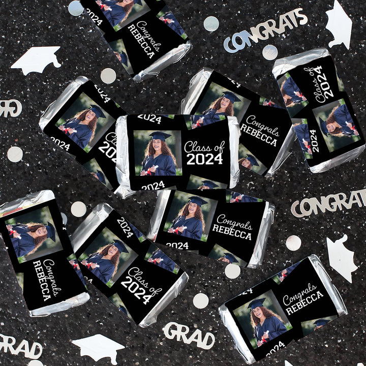 Personalized Graduation Photo Name & Year: Hershey's® Miniatures Candy Bar Wrappers Stickers - 24 or 250 Stickers