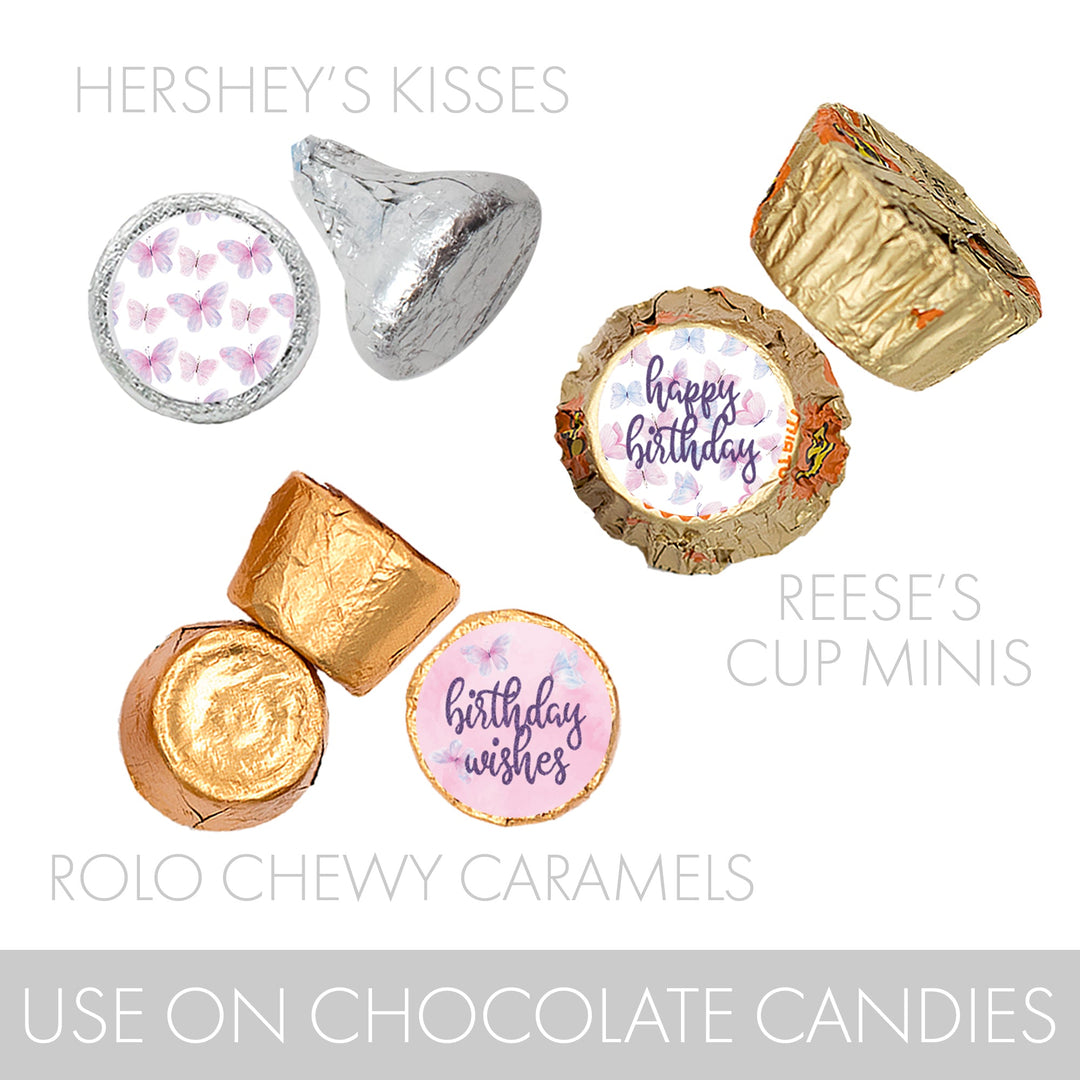 Butterfly Wishes: Purple & Pink - Kid's Birthday  - Party Favor Stickers - Fits on Hershey's Kisses, Spring - 180 Stickers