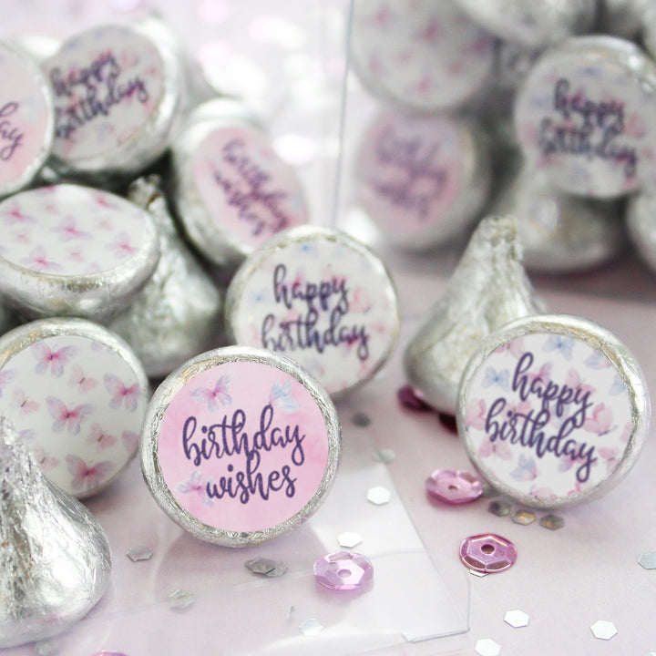 Butterfly Wishes: Purple & Pink - Kid's Birthday  - Party Favor Stickers - Fits on Hershey's Kisses, Spring - 180 Stickers