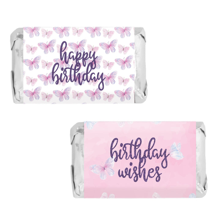 Deseos de mariposa: morado y rosa - Cumpleaños infantil - Pegatinas para envoltorios de barra de caramelos en miniatura de Hershey - 45 pegatinas