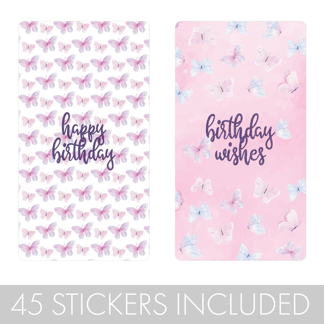 Butterfly Wishes: Purple & Pink - Kid's Birthday - Hershey's Miniatures Candy Bar Wrappers Stickers, Spring - 45 Stickers