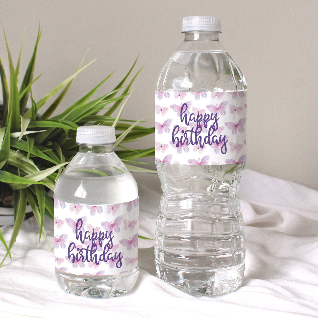 Butterfly Wishes: Purple & Pink - Kid's Birthday  - Party Favor Stickers - Water Bottle Labels, Spring - 24 Waterproof Stickers