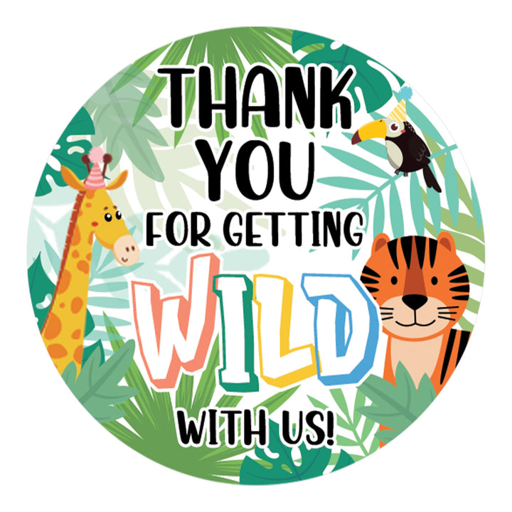 Wild Jungle: Cumpleaños infantil - Pegatinas redondas de agradecimiento - Gracias por volverse loco con nosotros - 40 pegatinas