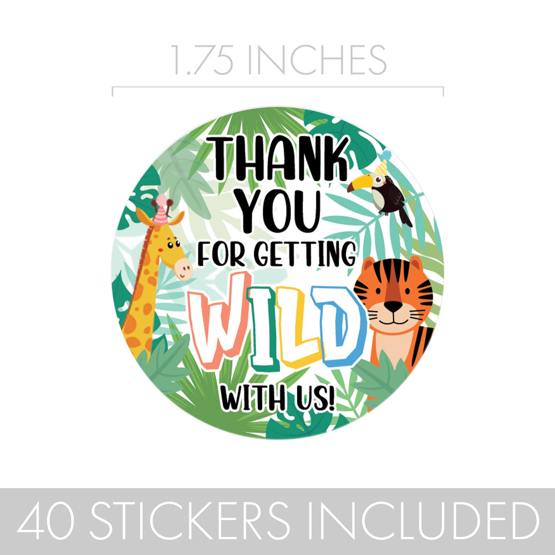 Wild Jungle: Cumpleaños infantil - Pegatinas redondas de agradecimiento - Gracias por volverse loco con nosotros - 40 pegatinas