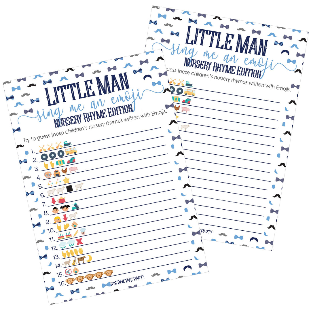 Little Man: Baby Shower Game - Cartas de juego Emoji de rima infantil - Niño, pajarita - 20 cartas