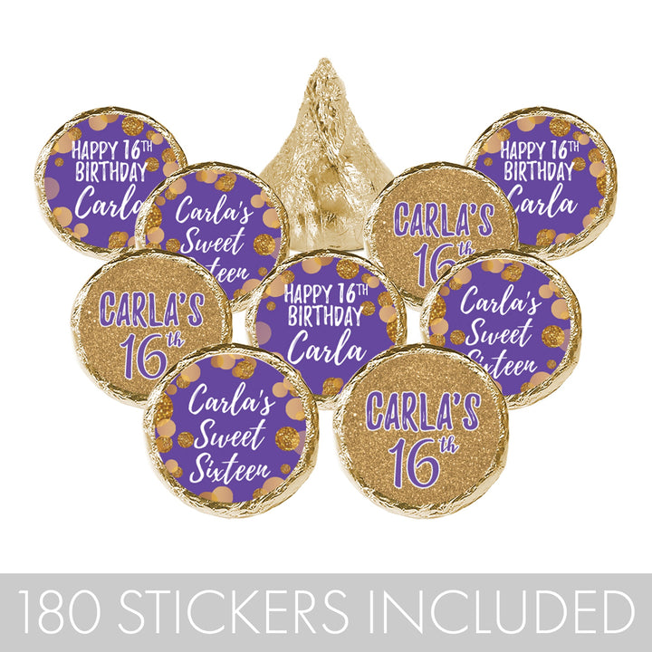 Dulces 16 personalizados: Púrpura y dorado - Pegatinas para regalos de fiesta de cumpleaños - Se adapta a Hershey's Kisses - 180 pegatinas