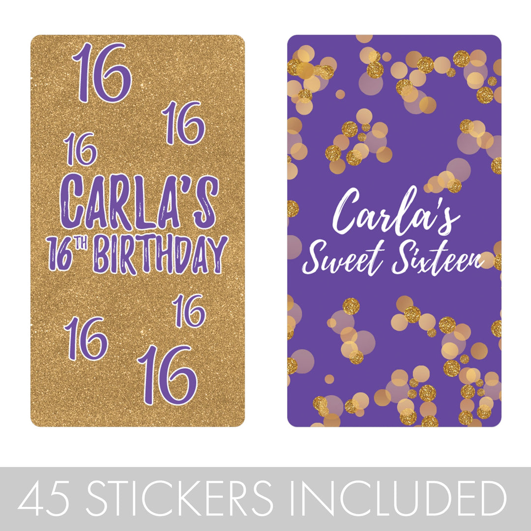 Personalized Sweet 16: Purple & Gold - Birthday Party Mini Candy Bar Wrappers - 45 Stickers