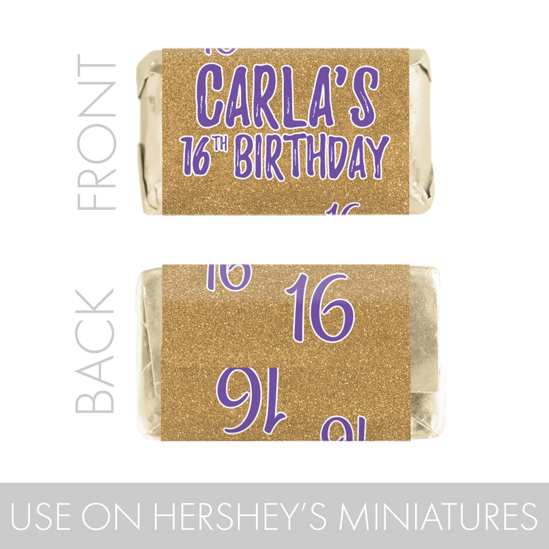 Dulce 16 personalizado: morado y dorado – Mini envoltorios para barra de caramelos para fiesta de cumpleaños – 45 pegatinas