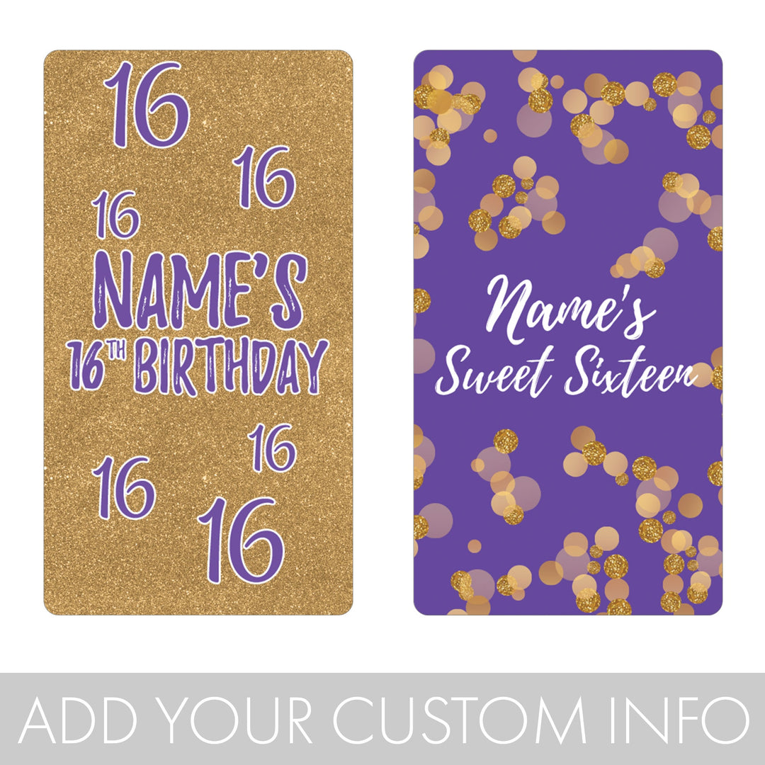 Dulce 16 personalizado: morado y dorado – Mini envoltorios para barra de caramelos para fiesta de cumpleaños – 45 pegatinas