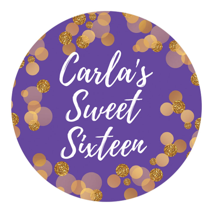 Personalized Sweet 16: Purple & Gold - Birthday Party Stickers - 40 Stickers