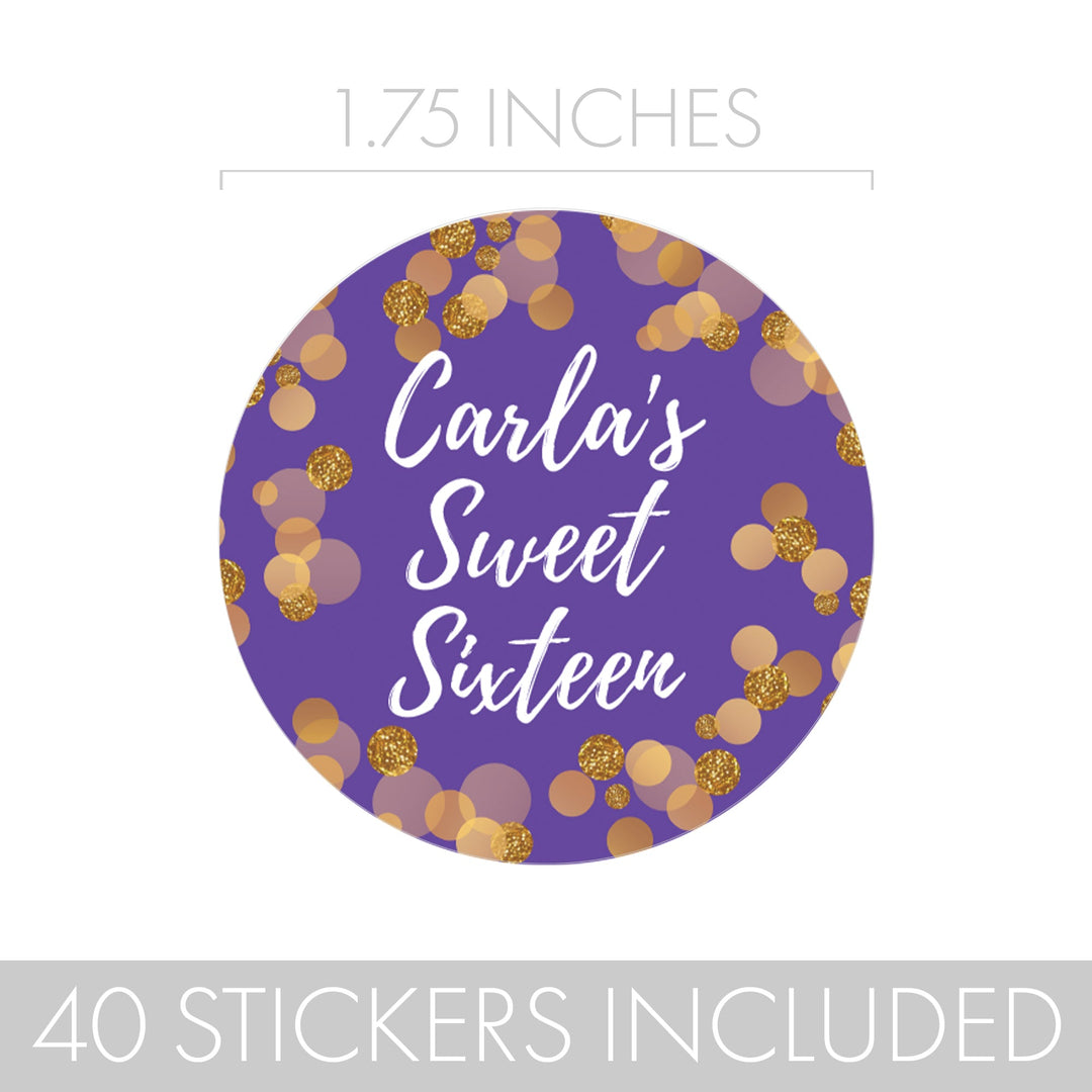 Personalized Sweet 16: Purple & Gold - Birthday Party Stickers - 40 Stickers
