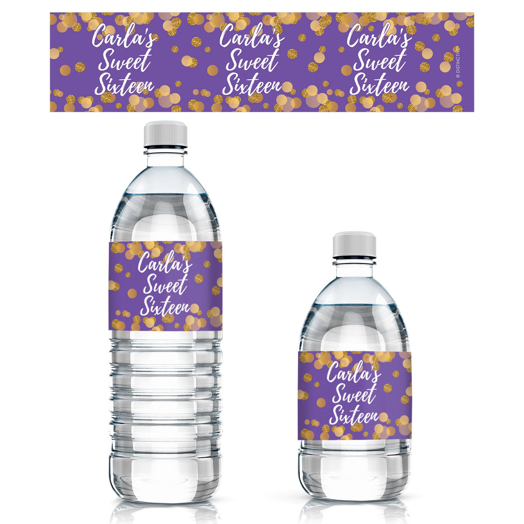 Personalized Sweet 16: Purple & Gold - Birthday Party Water Bottle Labels - 24 Stickers
