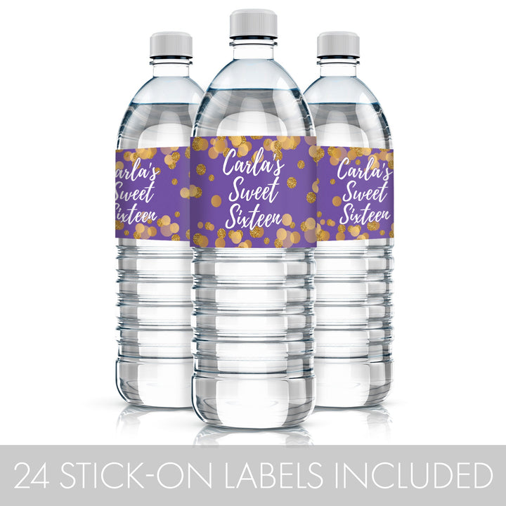 Dulces 16 personalizados: morado y dorado - Etiquetas para botellas de agua para fiesta de cumpleaños - 24 pegatinas