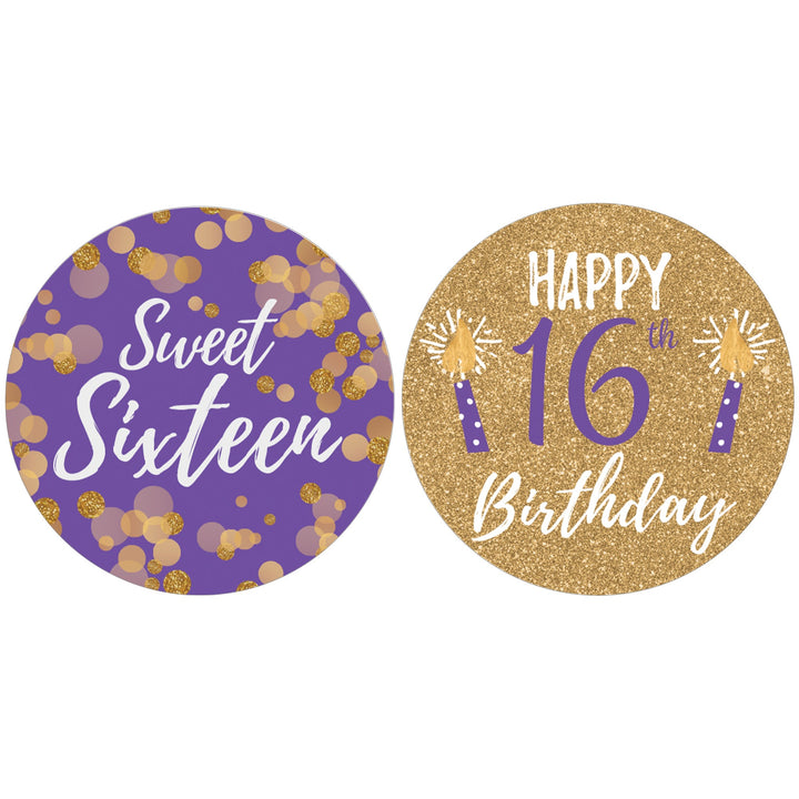 Dulces 16: Púrpura y Dorado - Pegatinas para recuerdos de fiesta de cumpleaños - 40 pegatinas