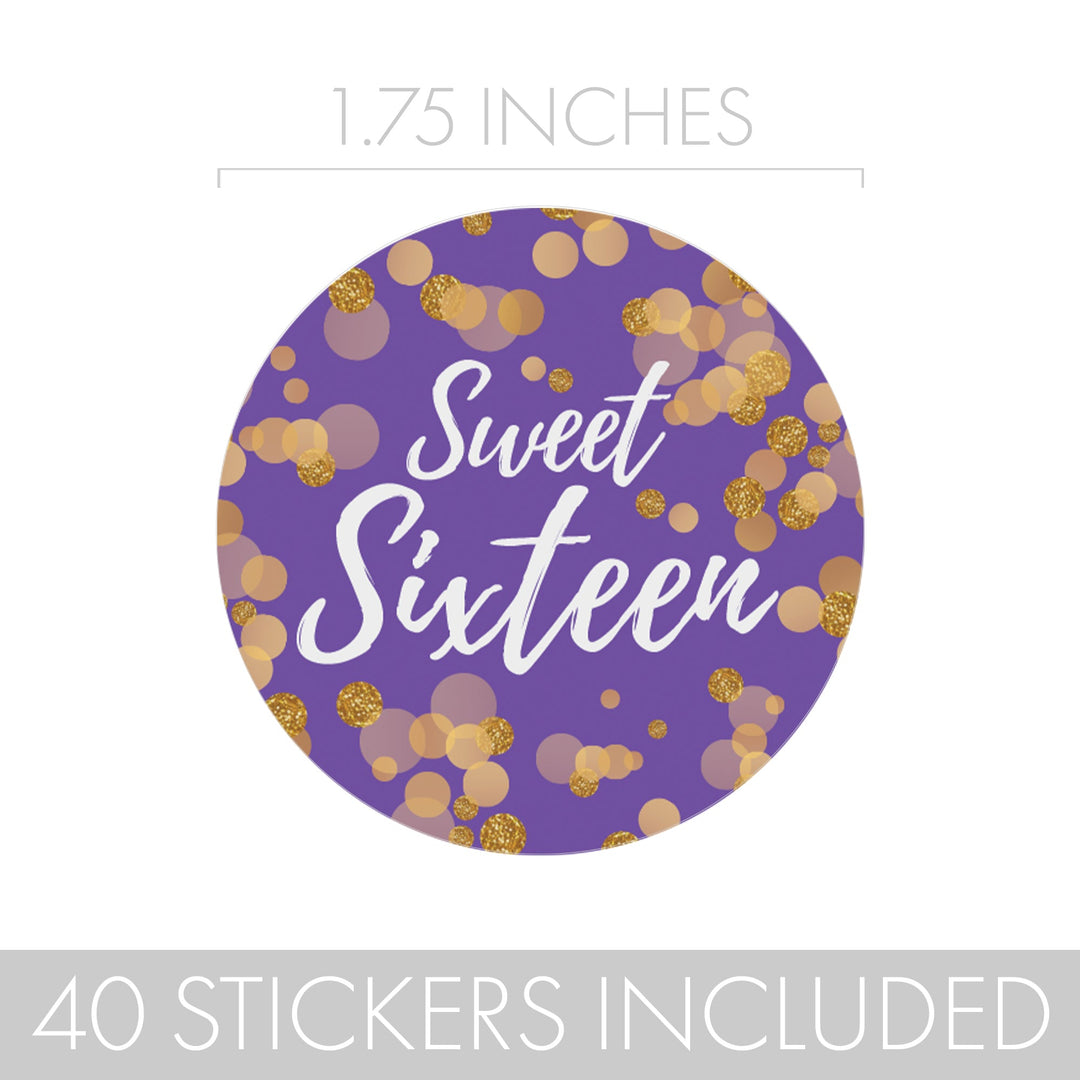 Sweet 16: Purple & Gold - Birthday Party Favor Stickers - 40 Stickers