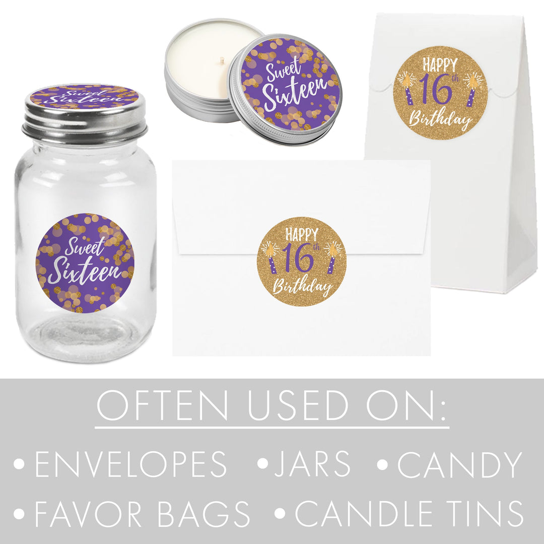Sweet 16: Purple & Gold - Birthday Party Favor Stickers - 40 Stickers