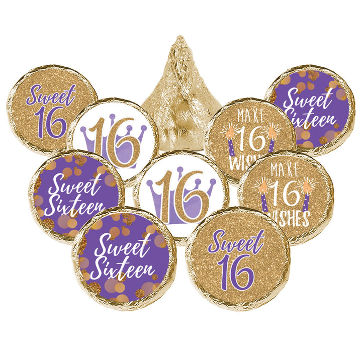 Dulces 16: Púrpura y Dorado - Pegatinas para recuerdos de fiesta de cumpleaños - Se adapta a Hershey's Kisses - 180 pegatinas