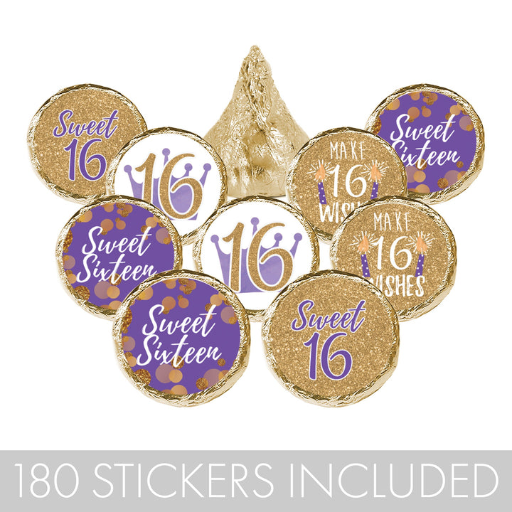 Sweet 16: Purple & Gold - Birthday Party Favor Stickers - Fits on Hershey's Kisses - 180 Stickers