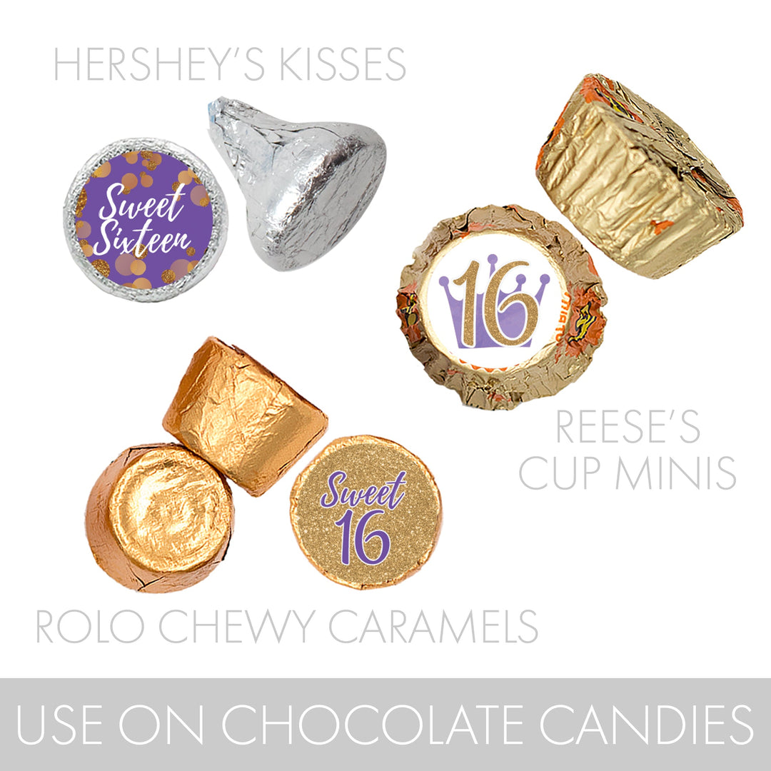 Dulces 16: Púrpura y Dorado - Pegatinas para recuerdos de fiesta de cumpleaños - Se adapta a Hershey's Kisses - 180 pegatinas