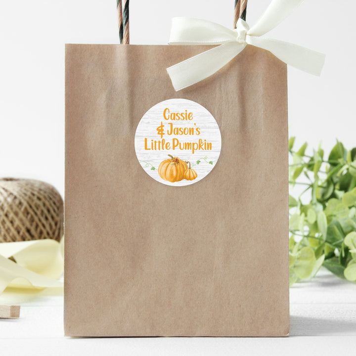 Personalized Little Pumpkin: Orange -  Baby Shower, First Birthday  - Circle Label Stickers - 40 Pack