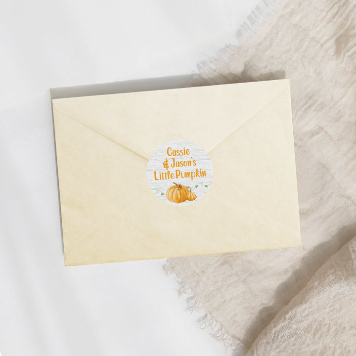 Calabaza pequeña personalizada: naranja - Baby Shower, primer cumpleaños - Etiquetas adhesivas circulares - Paquete de 40